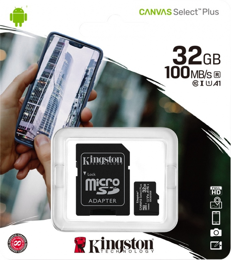 Kingston 32GB micSDHC Canvas Select Plus 100R A1 C10 Card + ADP Kingston 32GB micSDHC Canvas Select Plus 100R A1 C10 Card + ADP