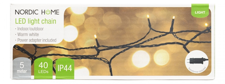 Lyskæde, 5 m, 40 LED, transformator, udendørs, varm hvid