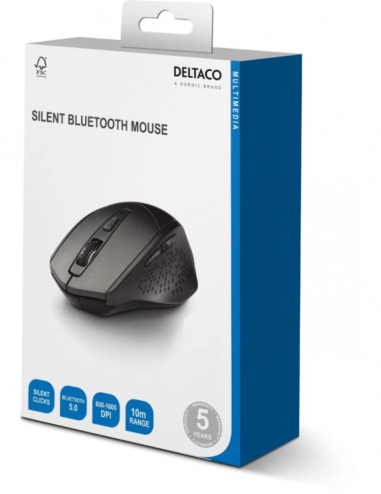 DELTACO silent wireless mouse, bluetooth, 1x AA, 800-1600 DPI, dark gr