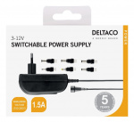 DELTACO power supply, 240 V to 3-12 V, 1,5 A, different tips, black