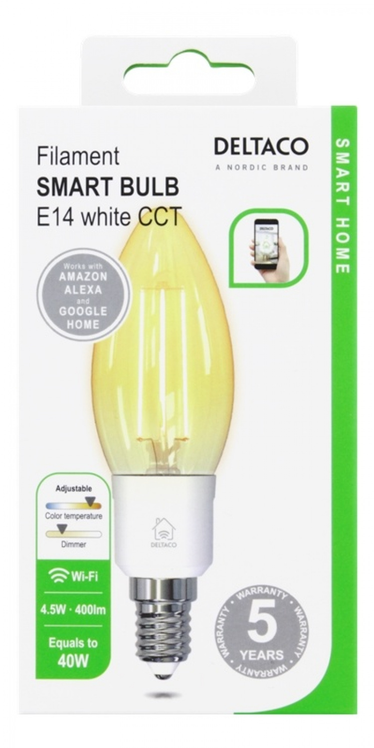 DELTACO SMART HOME LED glødepære, E14, Wi-Fi 2,4 GHz, 4,5 W, 400 lm