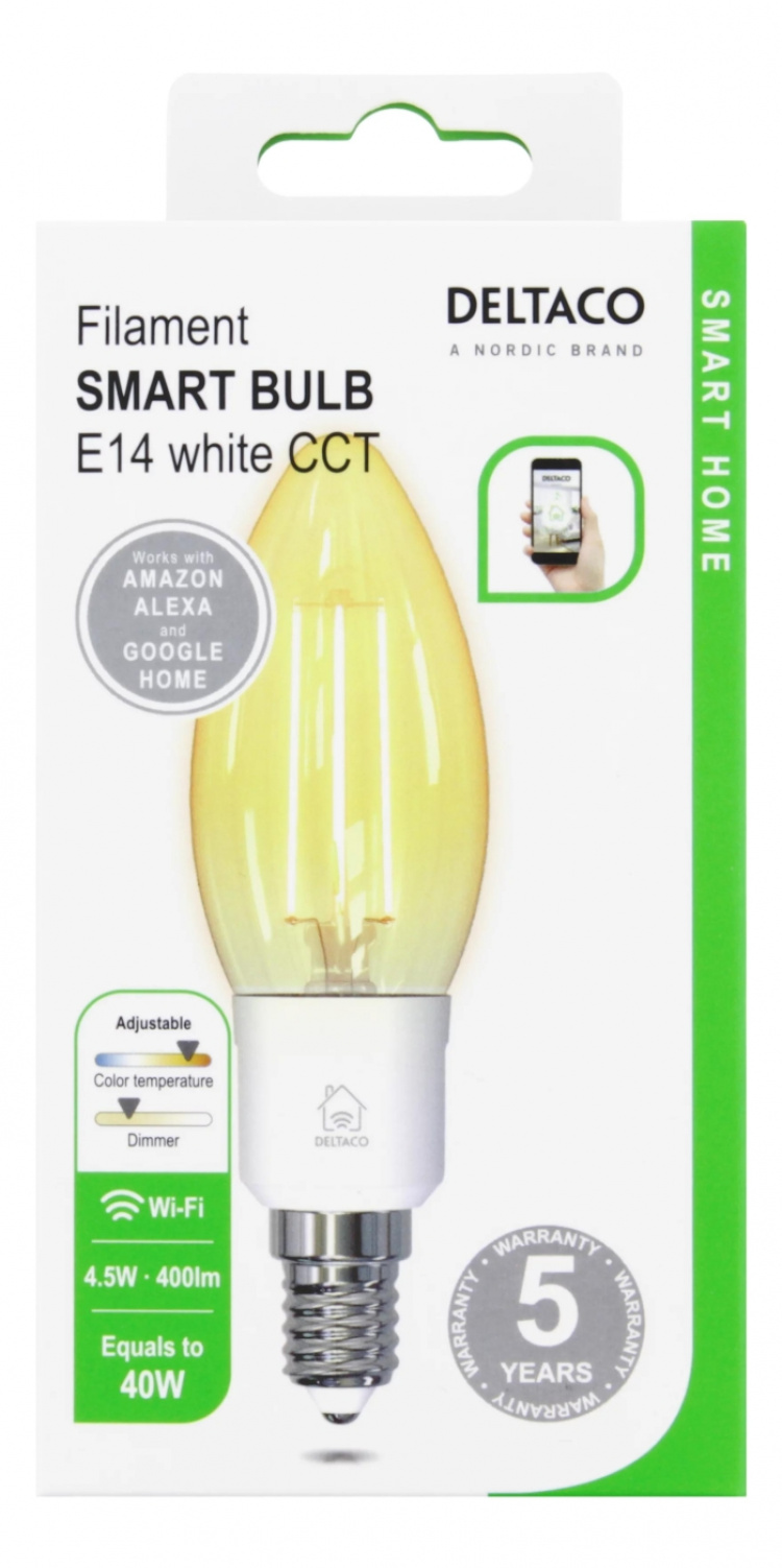 DELTACO SMART HOME LED glødepære, E14, Wi-Fi 2,4 GHz, 4,5 W, 400 lm
