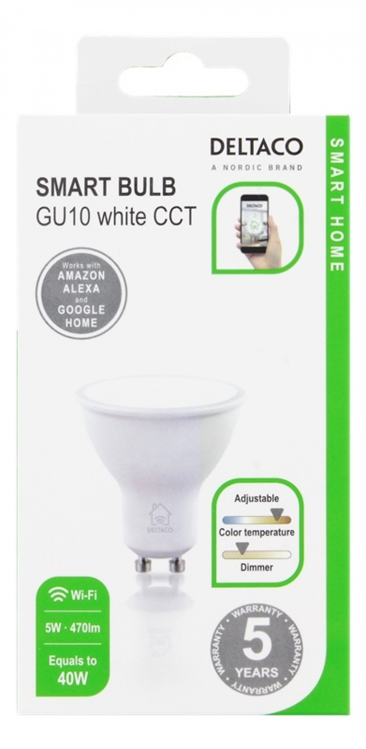 DELTACO SMART HOME LED-pære, GU10, WiFI, 5W, 2700K-6500K, dæmpbar