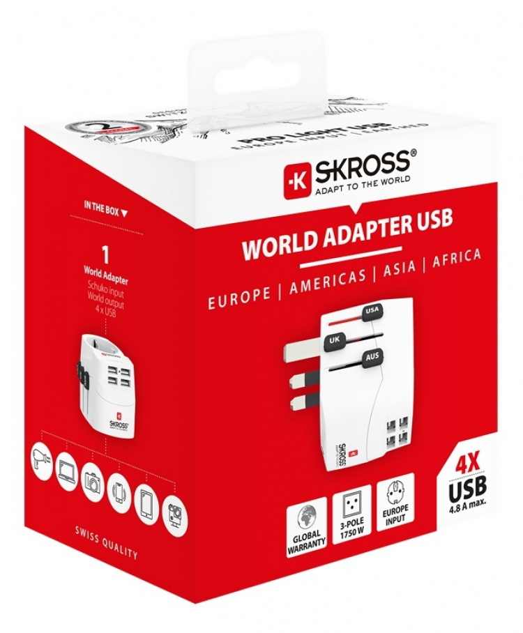 SKROSS PRO Light USB (4xA), 3-pole travel adapter with 4x USB-A ports