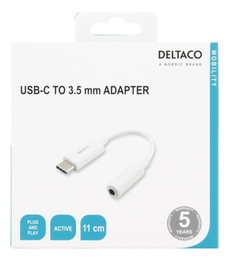DELTACO USB-C til 3,5 mm adapter, stereo, aktiv, 11 cm, hvid
