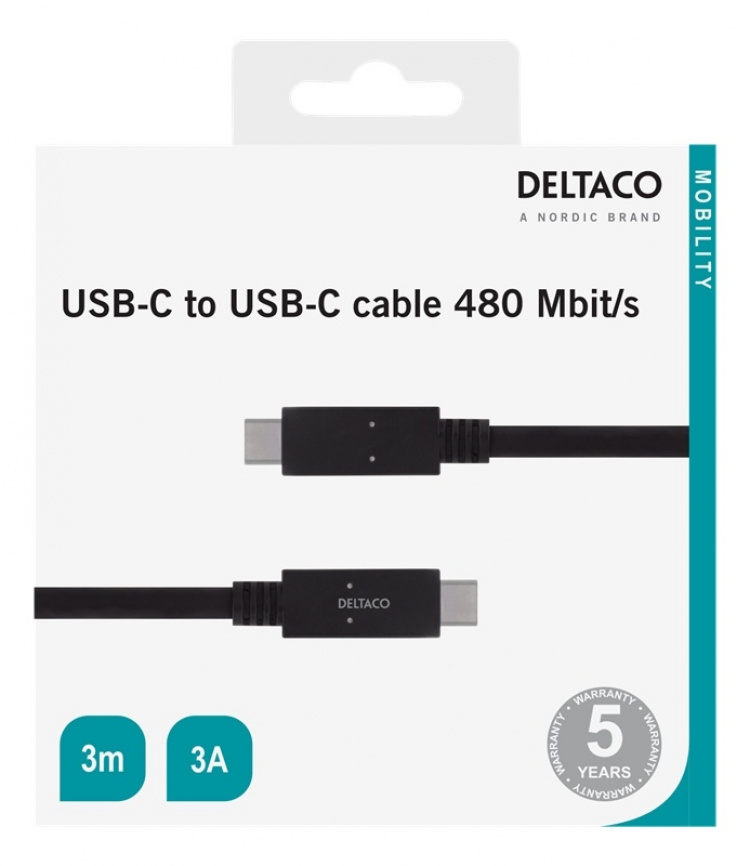 DELTACO USB 2.0 kabel, Typ C - Typ C, 3m, svart