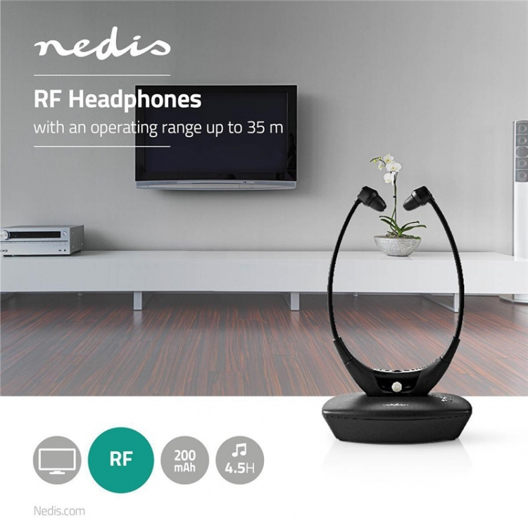 Nedis Trådløst TV hovedtelefoner | RF, frequency 868 Mhz | In-Ear | Maksimal batteritid: 4.5 timer | 35 m | Digital lyd | Opladningsstation | Balancekontrol | Sort