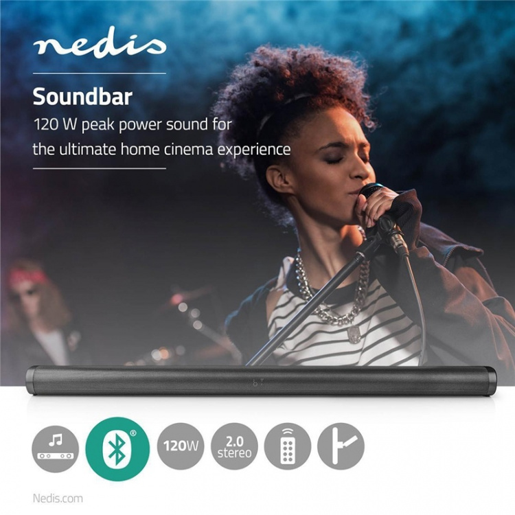 Nedis Soundbar | 2.0 | DSP Programmer | 135 W | 1x 3.5 mm / 1x Coax Audio / 1x Optical / 1x USB | 1x HDMI (with ARC) | Bluetooth® | Kan monteres | Mørkegrå / Sort