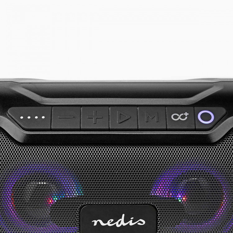 Nedis Bluetooth® Party Boombox | 6 timer | 2.0 | 80 W | Medieafspilning: AUX / Micro SD / USB | IPX5 | Kan parres | Bærehåndtag | Fest lys | Sort