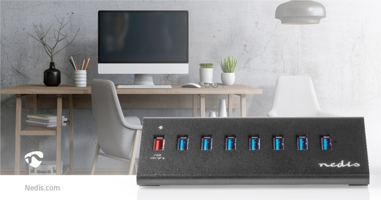 Nedis USB-hub | USB Micro-B Female | USB-A Female | 8-Port port(s) | QC3.0 / USB 3.2 Gen 1 | Strømforsyning / USB Drevet | 5 Gbps | 8x USB