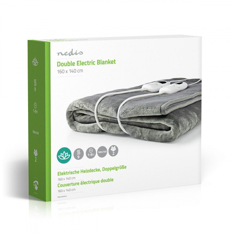 Nedis Elektrisk Tæppe | Undertæppe | 2 Personer | 160 x 140 cm | 9 Varmeindstillinger | 9 h | Vaskbar | Overophedningsbeskyttelse | Digital kontrol | Fleece / Polyester