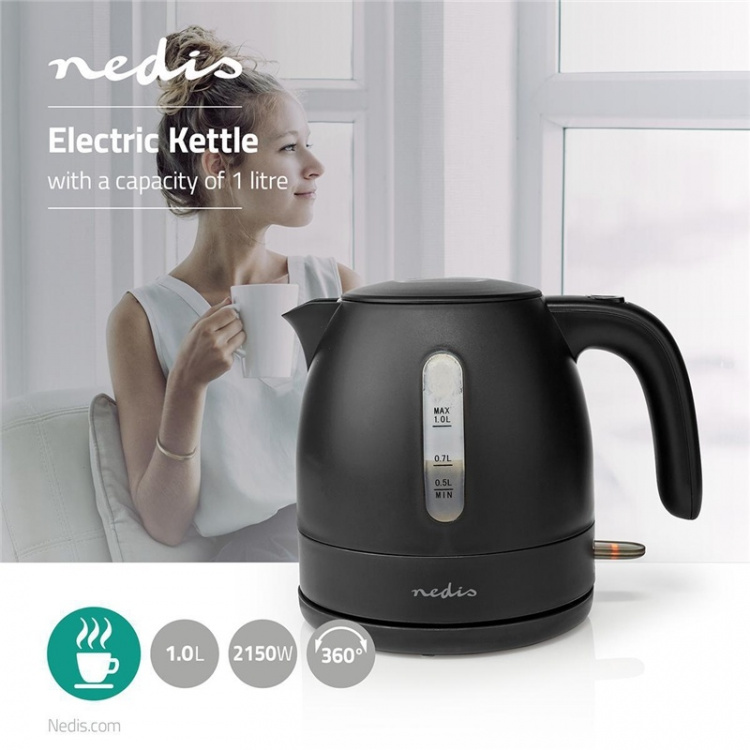Nedis Elkedel | 1.0 l | Plast | Sort | Drejelig 360 grader | Skjult varmeelement | Strix®-controller | Beskyttelse mod kogetørring