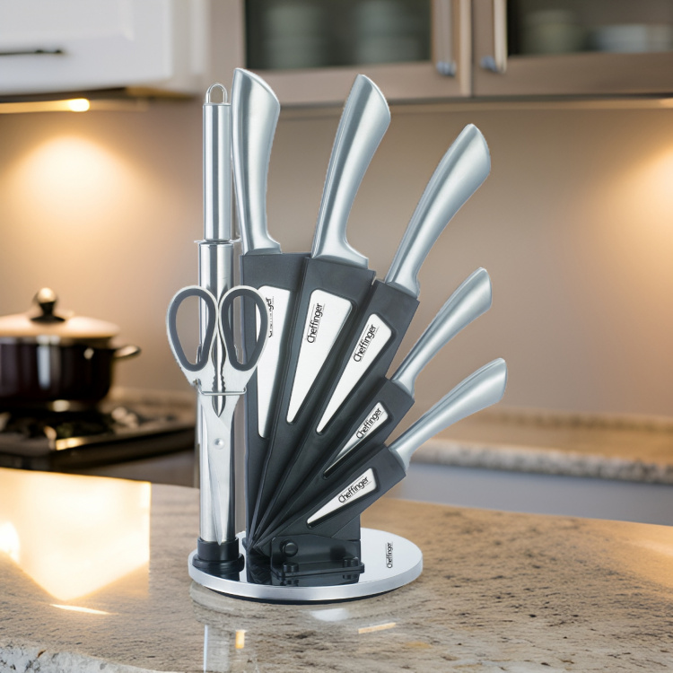 Knivsæt med 8 dele, roterende knivstativ, knive i rustfrit stål
