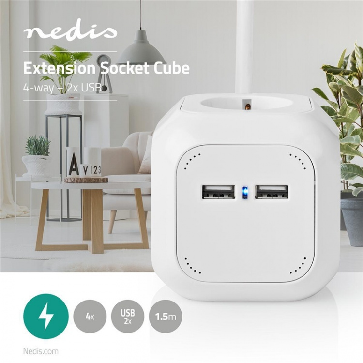 Nedis Udvidelse Socket | Stikprop med sidebens jord / Type F (CEE 7/7) | 4-vejs | 1.50 m | 3680 W | 16 A | Slags jordforbindelse: Sidekontakter | 230 V AC 50/60 Hz | Kontakt Vinkel: 90 ° | H05VV-F 3G1.5mm² | Hvid