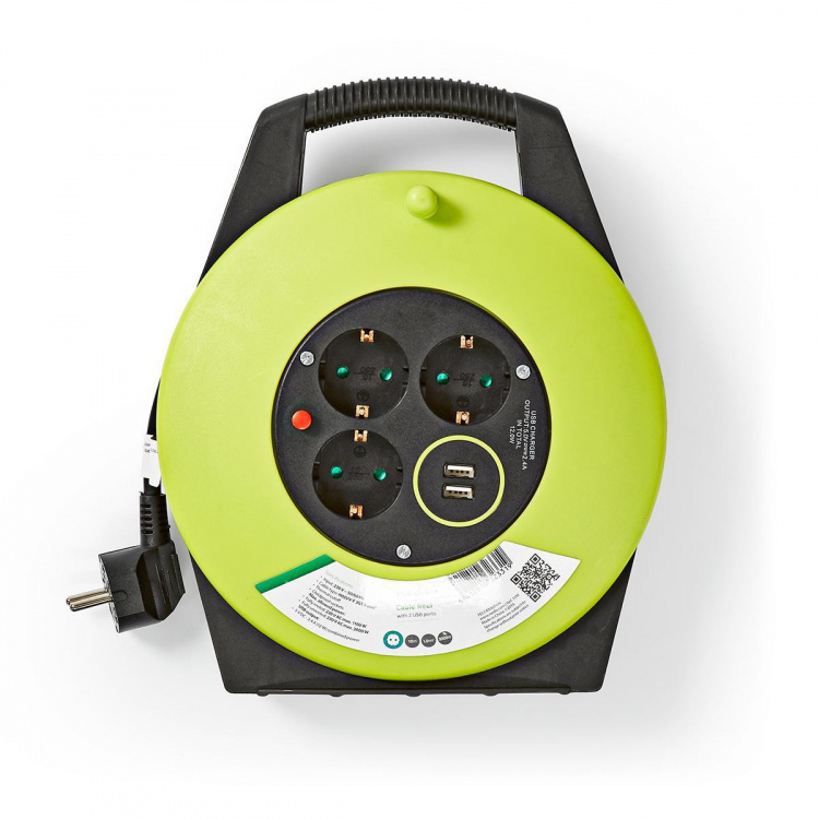 Nedis kabeltromle | Stikprop med sidebens jord | 10.0 m | 3000 W | 16 A | Slags jordforbindelse: Sidekontakter | 230 V AC 50/60 Hz | Kontakt Vinkel: 90 ° | H05VV-F 3G1.5mm² | Sikring: Ja | Grøn / Sort