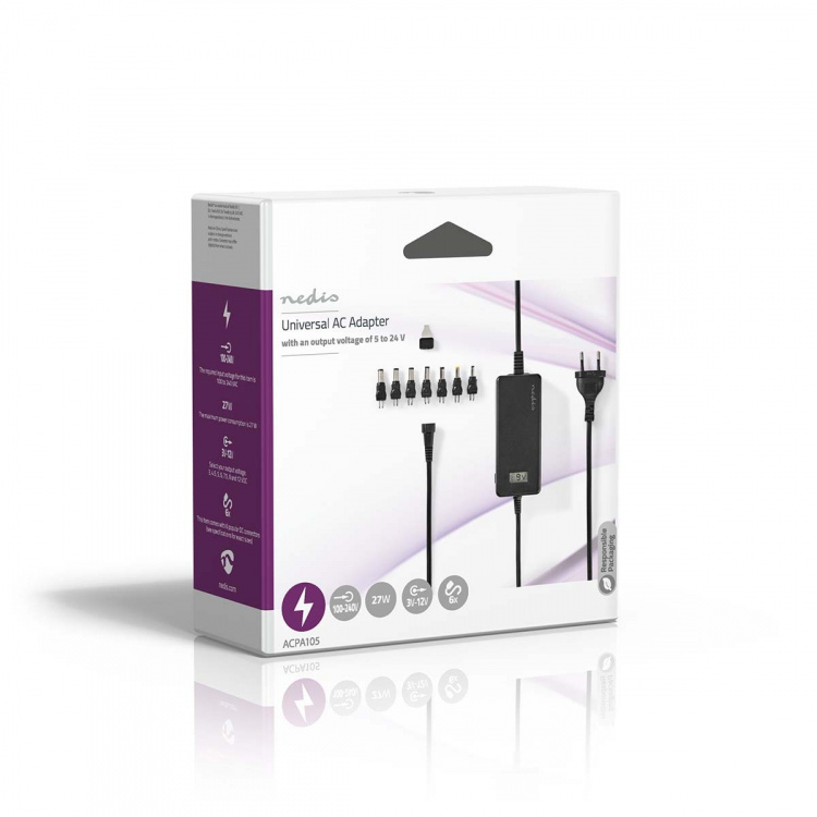 Nedis Universal AC Power Adapter | 36 W | 5 - 24 V DC | 1.80 m | 2.4 A - 3.0 A A | 7 plug(s) | Sort