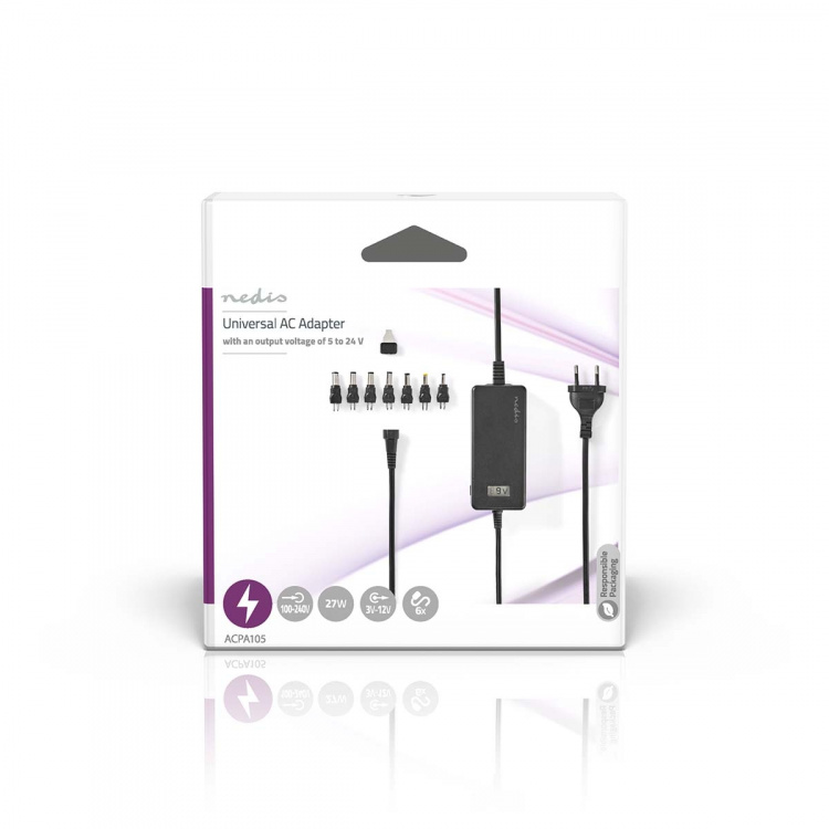 Nedis Universal AC Power Adapter | 36 W | 5 - 24 V DC | 1.80 m | 2.4 A - 3.0 A A | 7 plug(s) | Sort