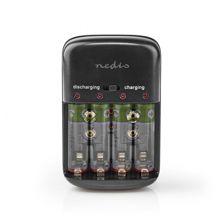 Nedis NiMH batterioplader AA / AAA | 1.2 / 9 V DC | 0.5 A A | Opladning | Euro / Type C (CEE 7/16) | Energi fra batteritype: AA / AAA / E-Block | Sort