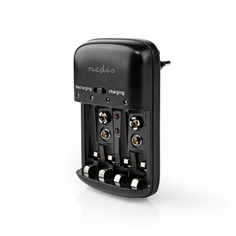 Nedis NiMH batterioplader AA / AAA | 1.2 / 9 V DC | 0.5 A A | Opladning | Euro / Type C (CEE 7/16) | Energi fra batteritype: AA / AAA / E-Block | Sort