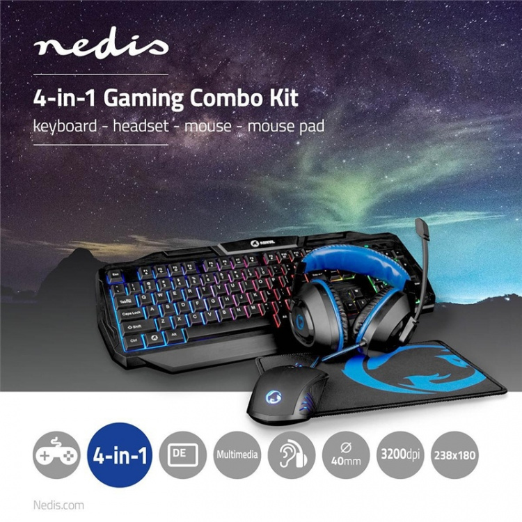 Nedis Gaming Combo Kit | 4-i-1 | Tastatur, Headset, Mus og musemåtte | Blå / Sort | QWERTZ | DE layout