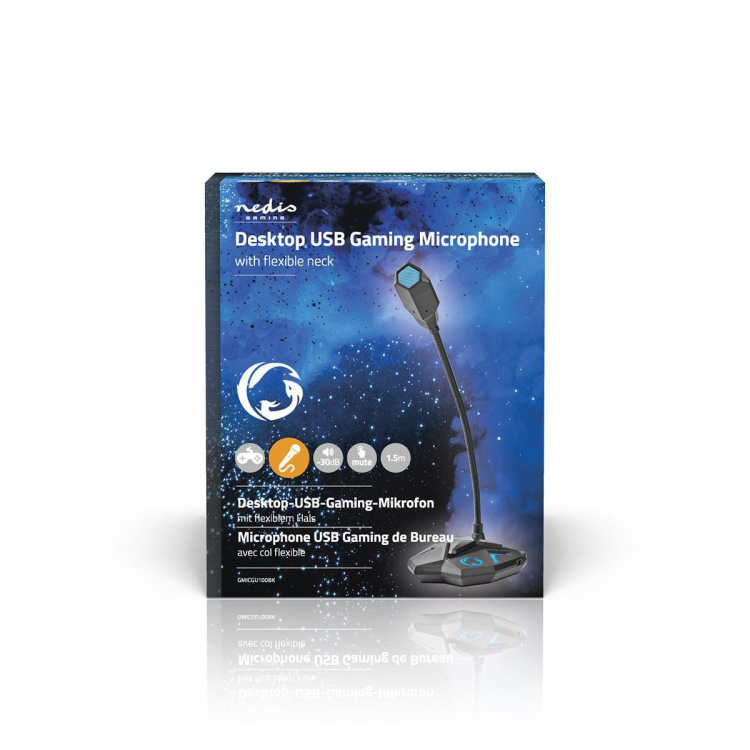 Nedis Streaming og Gaming Mikrofon | Brugt til: Desktop / Notebook | USB | Audio / video / dataforbindelser output: 1x 3.5 mm Audio Out | Indbygget on/off-knap (tænd/sluk) | Hovedtelefonudgang