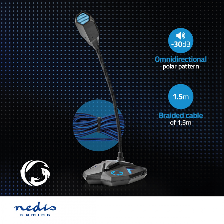 Nedis Streaming og Gaming Mikrofon | Brugt til: Desktop / Notebook | USB | Audio / video / dataforbindelser output: 1x 3.5 mm Audio Out | Indbygget on/off-knap (tænd/sluk) | Hovedtelefonudgang