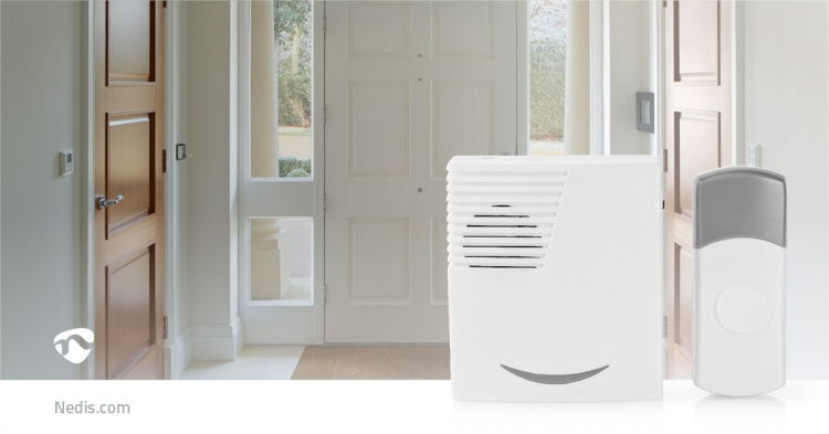 Nedis Trådløst Dørklokke Sæt | Batteri | 3 V DC | 1x CR2032 | Volume: 80 dB | Signalområde: 300 m | IP44 | 36 Melodier | 1 Modtager | Grå / Hvid