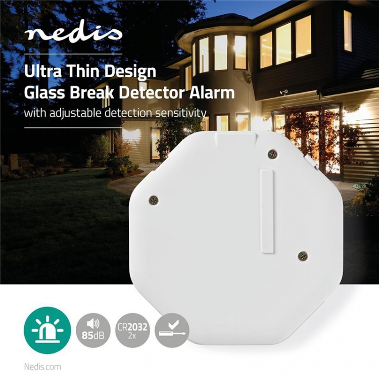 Nedis Glas Break Alarm | Udløst af: Vibration | Batteri | 2x CR2032 | 85 dB | Hvid