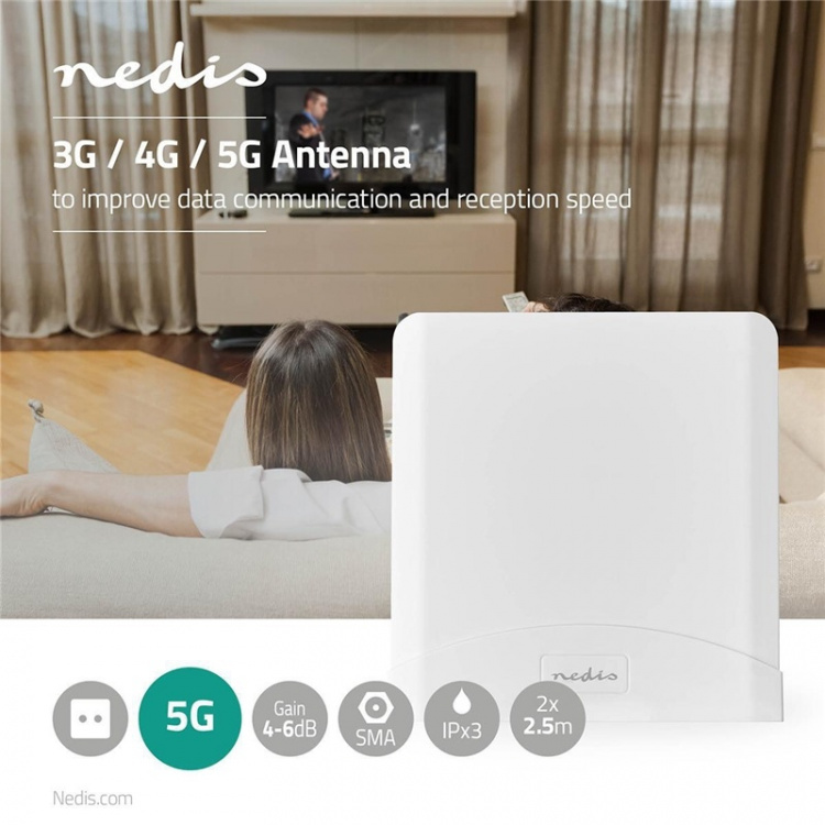 Nedis 5G / 4G / 3G antenne | 5G | Indendørs eller udendørs | 698-5000 MHz | Forstærkning: 6 dB | 2.50 m | Hvid