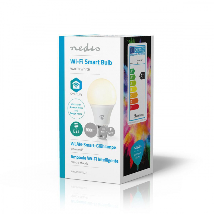 Nedis SmartLife LED-Pære | Wi-Fi | B22 | 800 lm | 9 W | Varm Hvid | 2700 K | Android™ / IOS | A60 | 1 stk