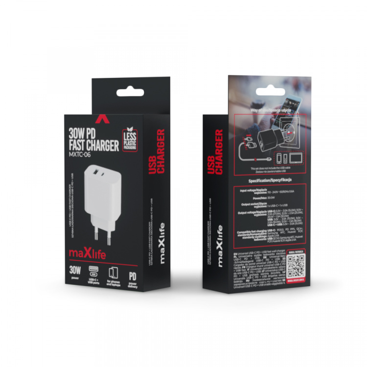 Maxlife MXTC-06 - PD QC vægoplader 1x USB-C, 1x USB, 30W, hvid