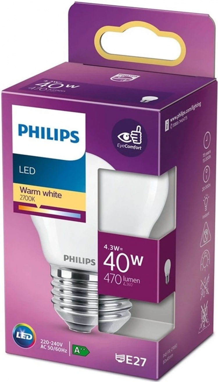 Philips LED-lampa Frostat glas, E27 2700K 470lm 4,3W