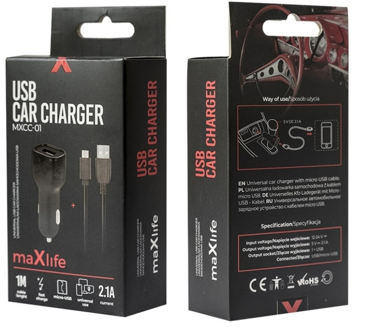 Maxlife MXCC-01 USB biloplader 1x USB 2.1A + microUSB-kabel