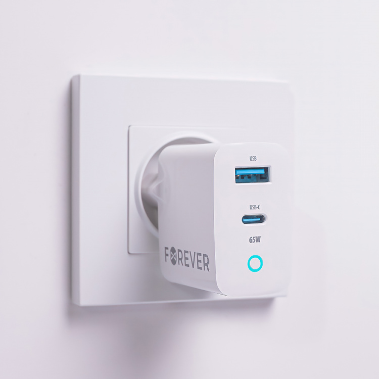 Forever GaN TC-06-65AC PD QC vægoplader 1x USB-C 1x USB 65W