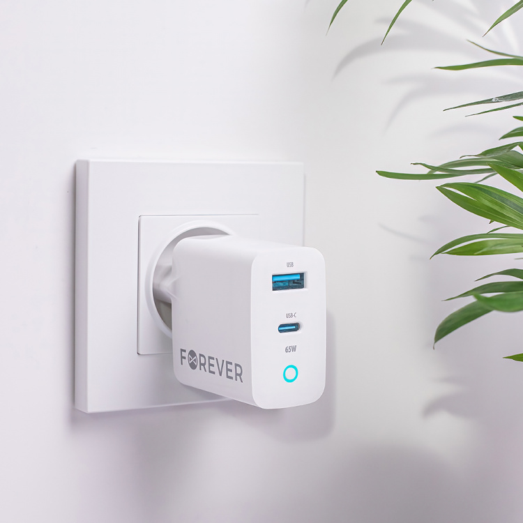 Forever GaN TC-06-65AC PD QC vægoplader 1x USB-C 1x USB 65W