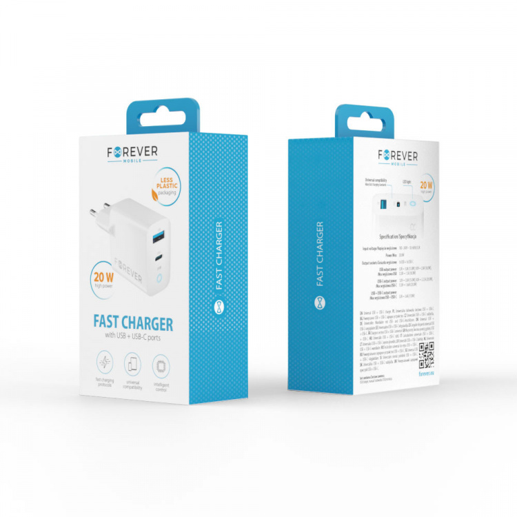 Forever TC-06-20AC PD QC vægoplader 1x USB-C 1x USB 20W
