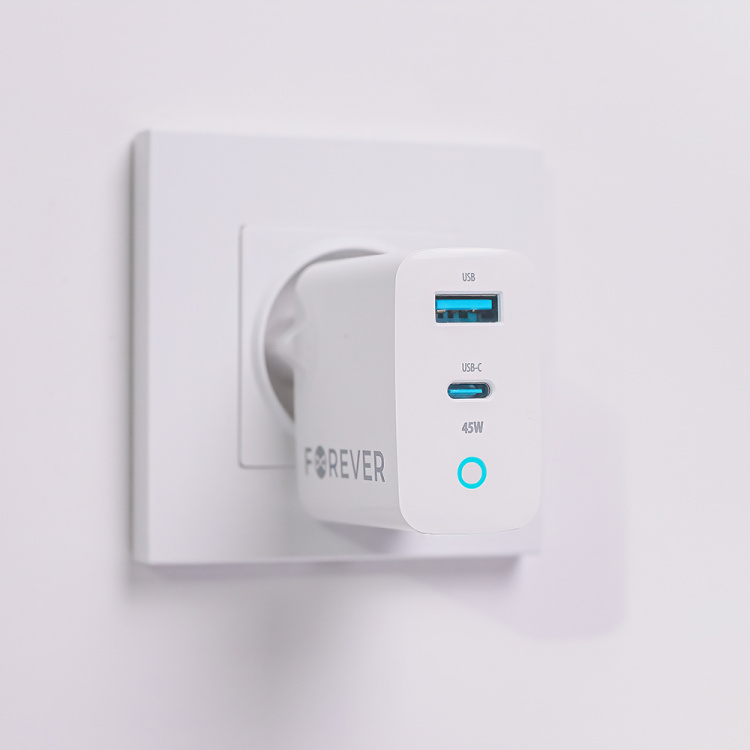 Forever TC-06-45AC GaN PD QC vægoplader 1x USB-C 1x USB 45W