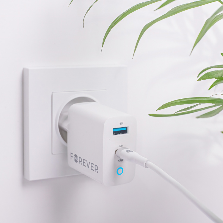 Forever TC-06-45AC GaN PD QC vægoplader 1x USB-C 1x USB 45W