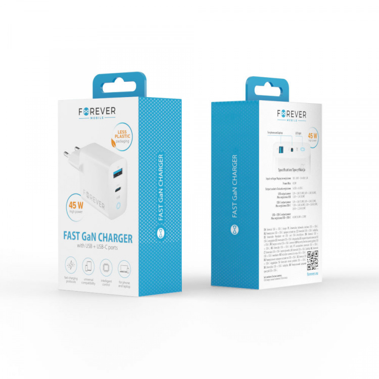 Forever TC-06-45AC GaN PD QC vægoplader 1x USB-C 1x USB 45W