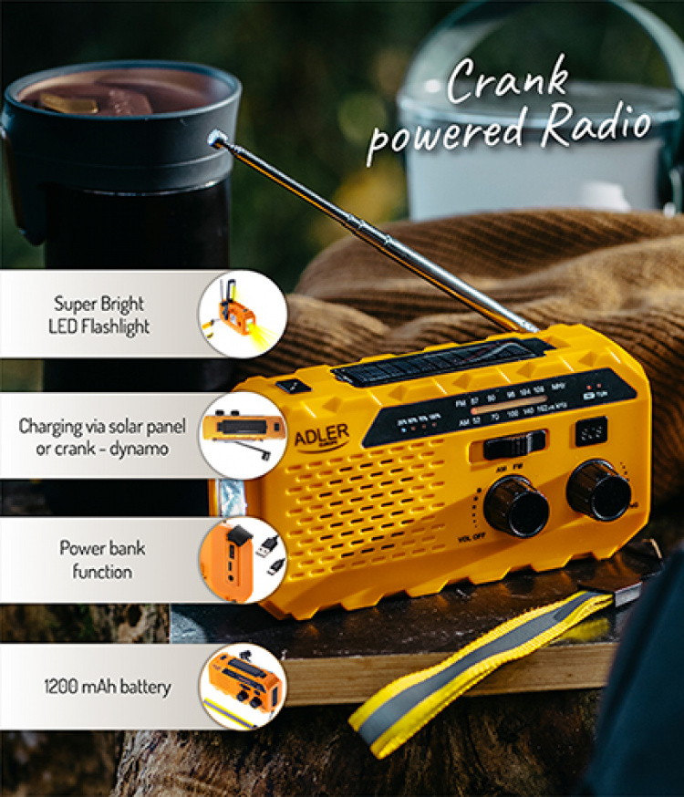Nødradio / Vejradio med lommelygte, solceller og powerbank