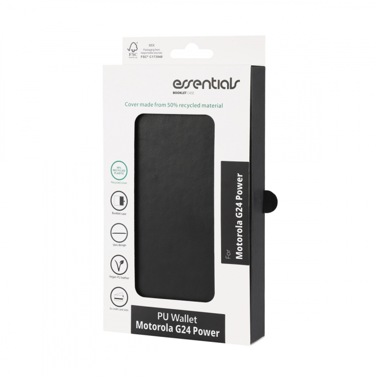 Essentials Motorola Moto G24 Power PU plånboksfodral med 3-kortplatser, Svart