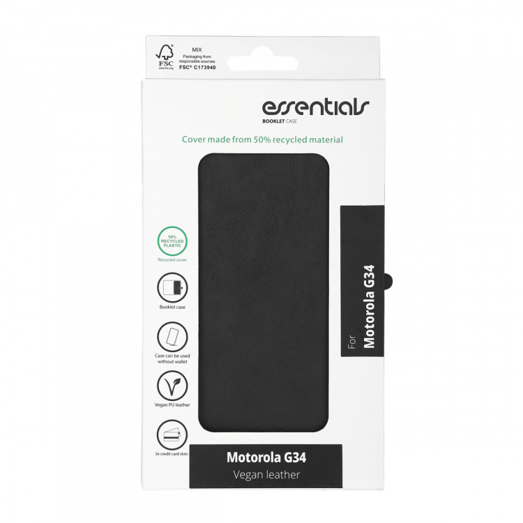 Essentials Motorola G34 PU plånboksfodral med 3-kortplatser, Svart