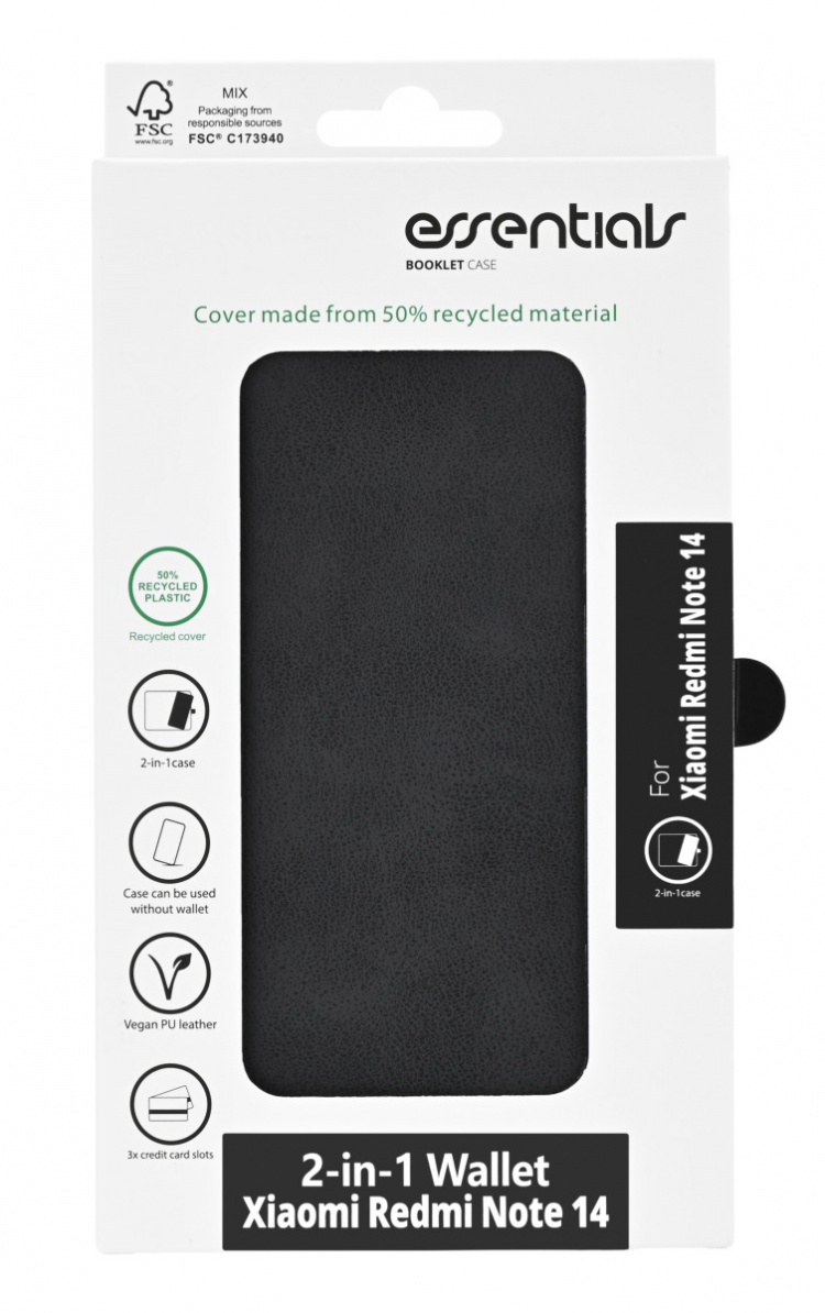 Essentials Xiaomi Redmi Note 14 PU-plånbok, avtagbar, 3 kort, svart