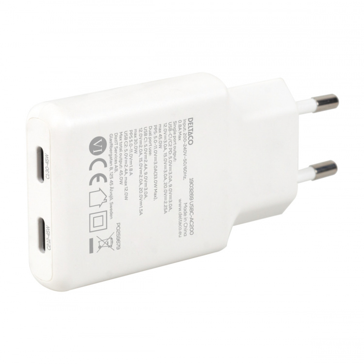 DELTACO USB-C väggladdare 45 W, 2x USB-C PD, slimmad storlek, total effekt 45 W
