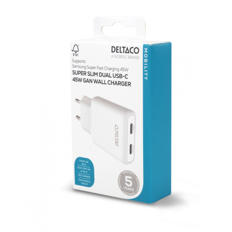 DELTACO USB-C väggladdare 45 W, 2x USB-C PD, slimmad storlek, total effekt 45 W