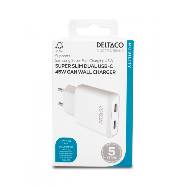 DELTACO USB-C väggladdare 45 W, 2x USB-C PD, slimmad storlek, total effekt 45 W