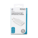 DELTACO USB-C väggladdare 67 W, 2x USB-C PD, slimmad storlek, total effekt 67 W