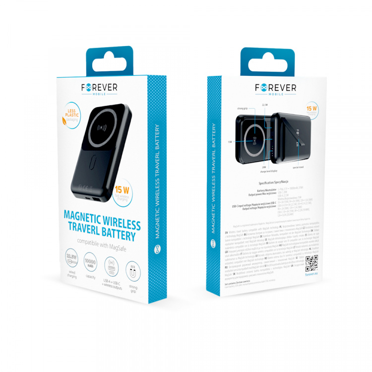 Forever MATB-100 Powerbank med trådløs opladning, PD QC 22,5W 10000 mAh, Sort