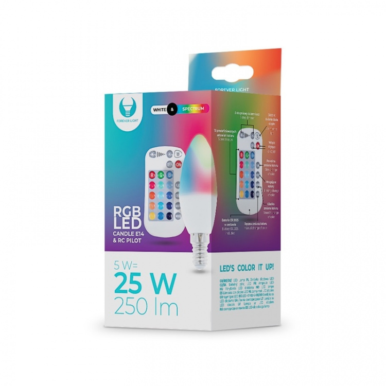 Fjernstyret LED-lampe med RGB, E14, C37, 5W