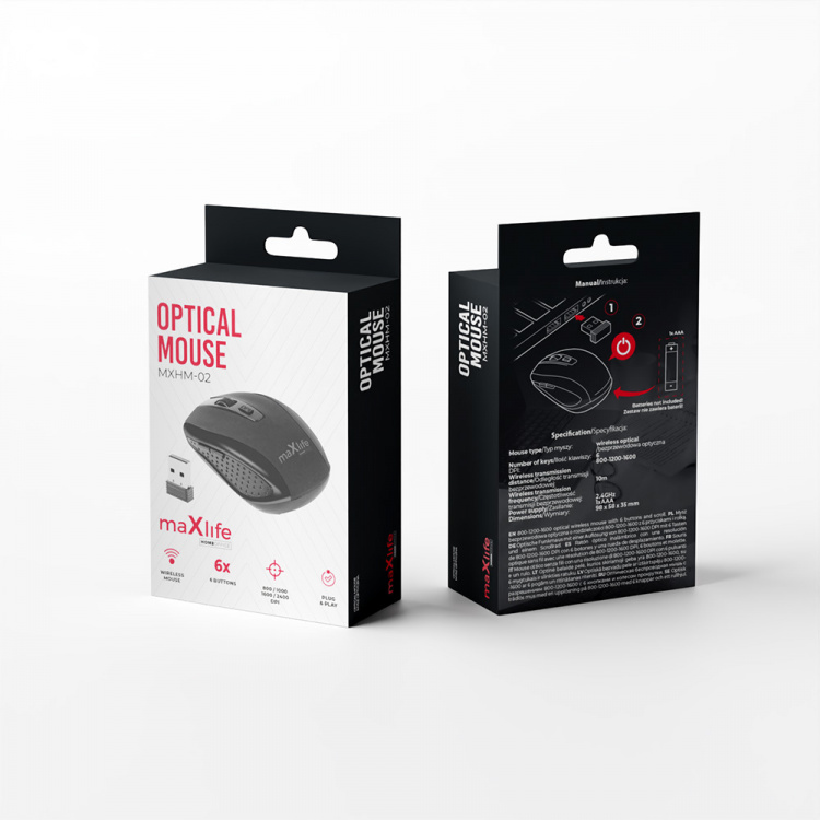 Maxlife trådløs optisk mus 800/1000/1600 DPI, sort